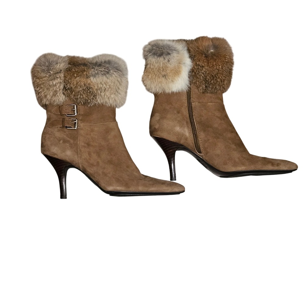 Ann Klein Women's Tan Suede Fur Trim Ankle Boots‎ Pointed Toe Stiletto Heel 6 - Picture 3 of 8